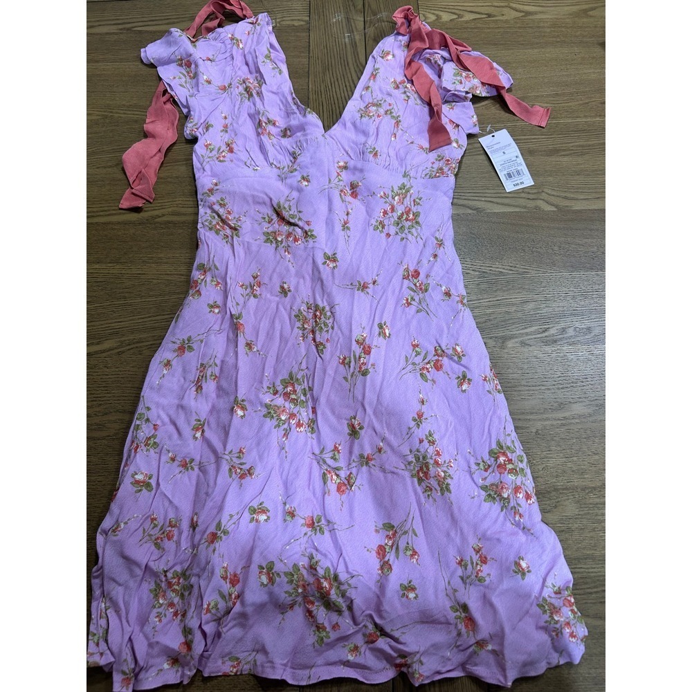 Wild Fable Women's Floral Mini Dress Purple Pink Ribbon Tie Sleeve‎ Size S - Picture 2 of 4
